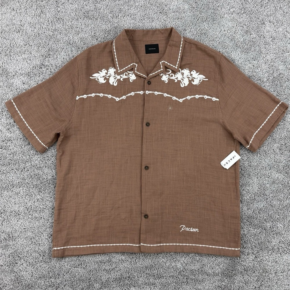 Pacsun Camp Shirt Men L NWT Tan Western Embroidered Oversized Resort Loop Collar